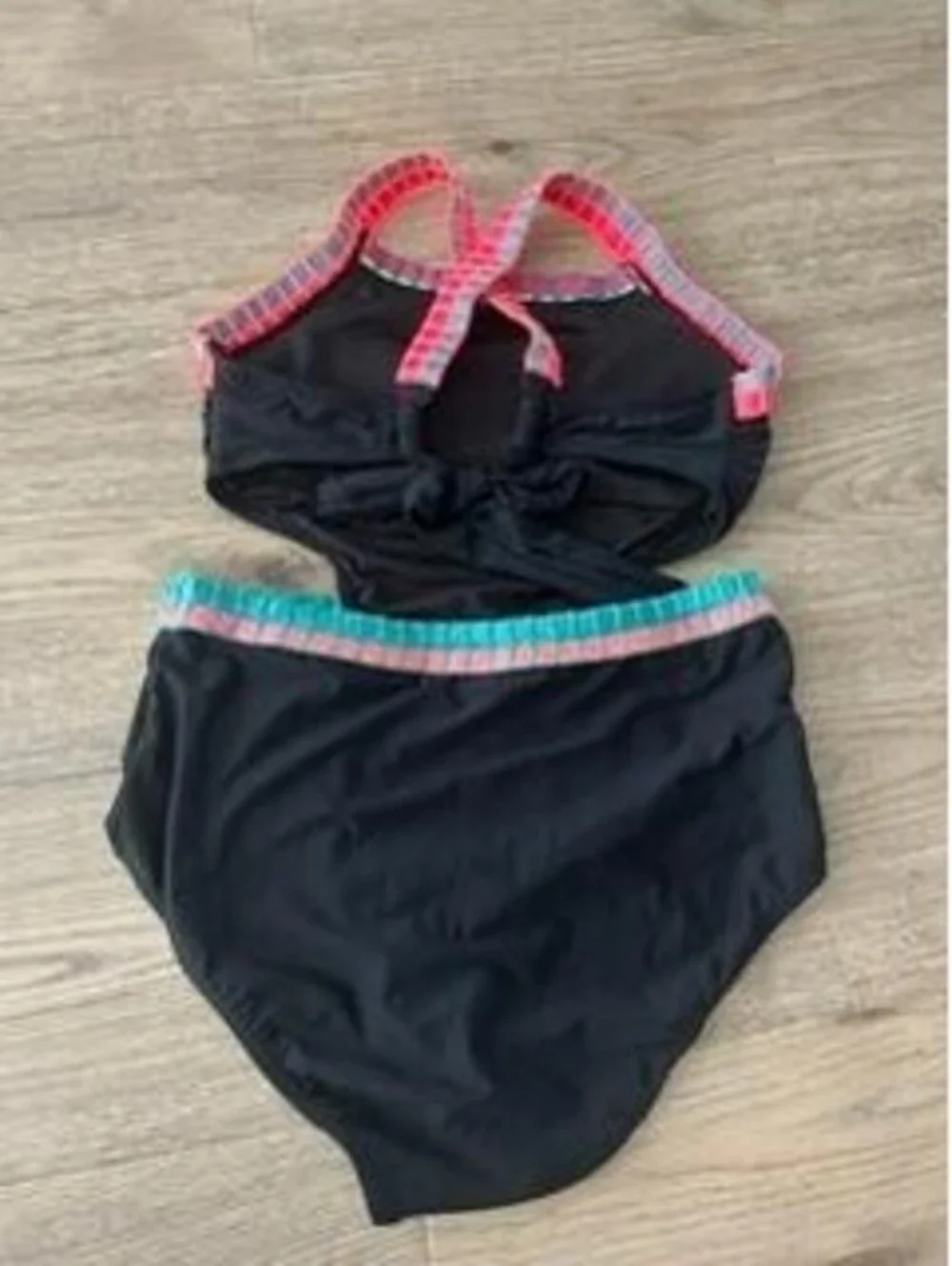 Beach Lingo Girls Swimsuit Size 12 Black One Piece Cutout Monokini Neon Trim